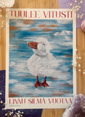 "Tuulee vitusti linnu silmä vuotaa" taideprintti tekstillä